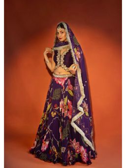Tanu Malhotra - Purple Floral Mirror-Work Waistcoat with Lehenga and Dupatta
