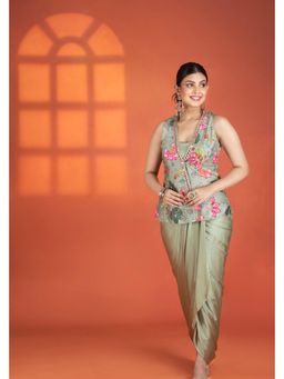 Tanu Malhotra - Green Floral Printed Hand-Embroidered Jacket with Bustier and Skirt