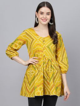 Divena - Mustard Bandhani Printed Cotton Peplum Top