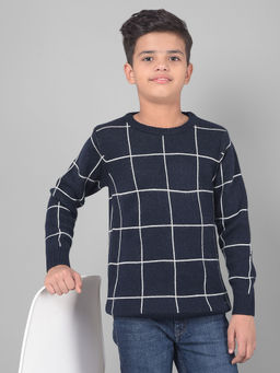 CRIMSOUNE CLUB - Boys Navy Blue Checks Round Neck Sweater