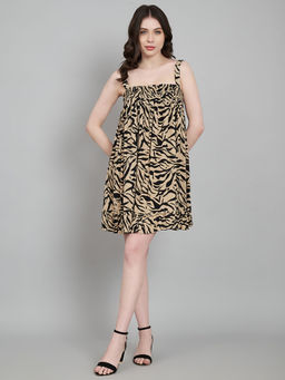 AMAGYAA - Cotton Beige Animal Print A-Line Mini Dress