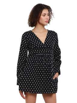 AMAGYAA - Self Design V-Neck Cuffed Sleeves Cotton A-Line Mini Dress