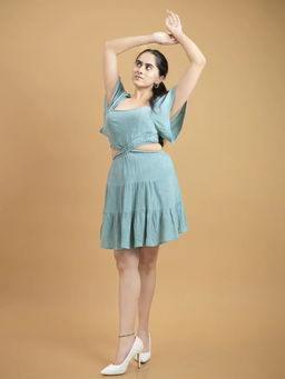 Veeralda - Rayon Crepe Cut Out At Waist Floral Sleeves Mini Dress