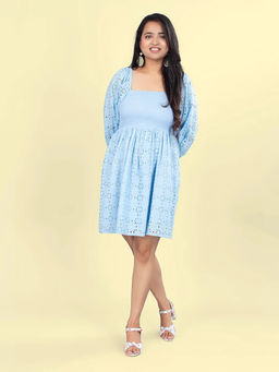Veeralda - Blue Short Smocking Yoke Cotton Shell with Lining Mini Dress