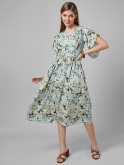 Style Quotient - Women Mint Green Floral Polyester Fit and flare smart casual Midi Dress