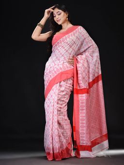Beatitude - White Cotton Silk Woven Jacquard Jamdani Saree with Unstitched Blouse