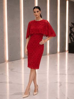 DOORS DESIGNS - Red Bodycon Self Design Round Neck Western Dress