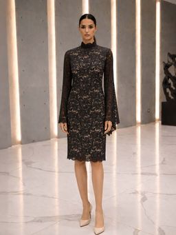 DOORS DESIGNS - Black Bodycon Self Design High Neck Western Dress