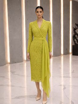 DOORS DESIGNS - Green Bodycon Self Design Notched Lapel Western Dress