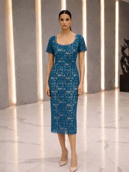 DOORS DESIGNS - Blue Bodycon Self Design Round Neck Western Dress