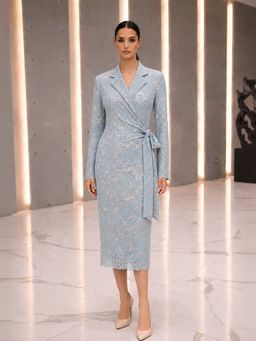 DOORS DESIGNS - Blue Bodycon Self Design Notched Lapel Western Dress