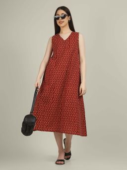 SPARSA - Rust Printed Sleeveless V-Neck A-Line Cotton Dress