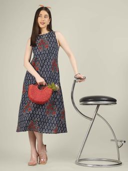 SPARSA - Navy Blue Printed Sleeveless A-Line Cotton Dress