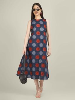 SPARSA - Blue Printed Sleeveless Round Neck A-Line Cotton Dress
