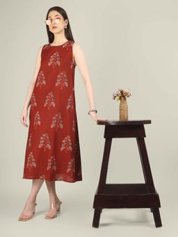 SPARSA - Maroon Printed Sleeveless A-Line Cotton Dress