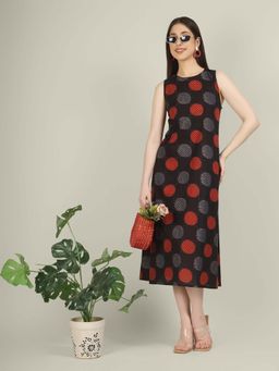 SPARSA - Black Printed Sleeveless A-Line Cotton Dress