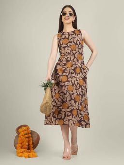 SPARSA - Brown Printed Sleeveless A-Line Cotton Dress