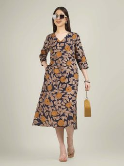 SPARSA - Blue Printed 3/4Th Sleeve V-Neck A-Line Cotton Dress
