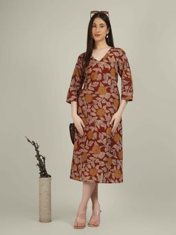 SPARSA - Maroon Printed 3/4Th Sleeve V-Neck A-Line Cotton Dress