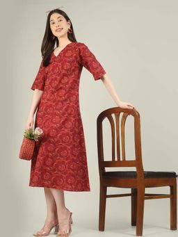 SPARSA - Pink Printed Half-Sleeve V-Neck A-Line Cotton Dress