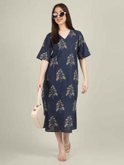 SPARSA - Blue Printed Half-Sleeve V-Neck A-Line Cotton Dress