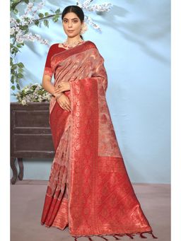 Sangam Prints - Light Pink Cotton Woven Zari Work Traditional Tassel Saree with Unstitched Blouse
