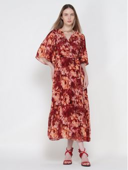 Cover Story - London Atelier Flared Maroon Dress with Belt