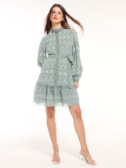 Cover Story - Gossamer Dreams Green Flared Dress with Belt