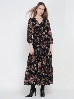 Cover Story - Bohemian Black Floral Dress with Belt