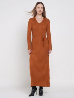 Cover Story - Brown Bodycon Knitted Dress with Belt