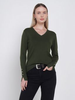Cover Story - Women Olive Knitted Sweater