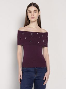 Cover Story - Wine Off Shoulder Embellished Sweater