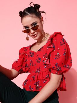STREET 9 - Women Red Printed Frill Top