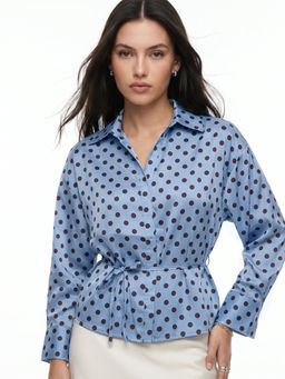 Outzidr - Women Blue Polka Printed Waist Tie-Up Top with Belt