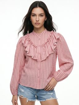 Outzidr - Women Pink Ruffle Detail Striped Top
