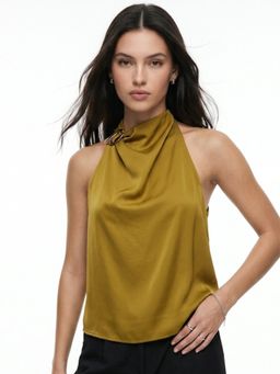 Outzidr - Women Mustard Halter Neck Buckle Detail Top