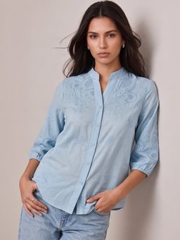 Outzidr - Women Light Blue Bishop Sleeve Front Buttoned Top