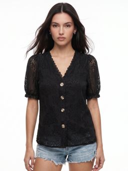 Outzidr - Women Black Lace Detail Front Buttoned Top