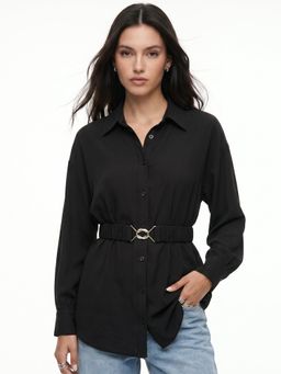 Outzidr - Women Black Waist Belted Full Sleeve Shirt