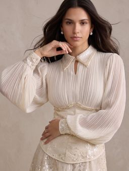 Outzidr - Women Off White Balloon Sleeve Corset Fitted Top