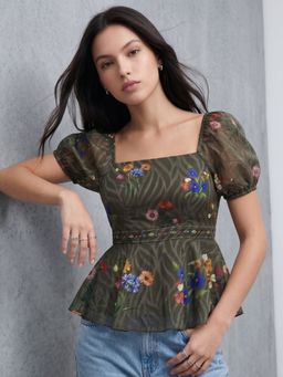 Outzidr - Women Olive Puff Sleeve Flared Top