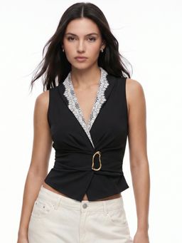 Outzidr - Women Black Lace Neckline Metal Trim Top