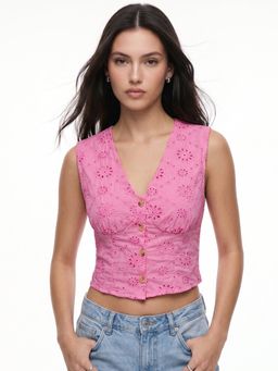Outzidr - Women Pink Sleeveless Schiffli Top