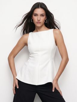 Outzidr - Women White High Boat Neck Top