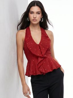 Outzidr - Women Red Heart Printed Halter Neck Top