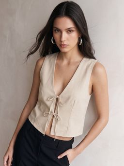 Outzidr - Women Khaki Plunge Neck Front Tie Up Top