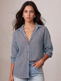 Outzidr - Women Blue Full Sleeve Striped Crochet Shirt