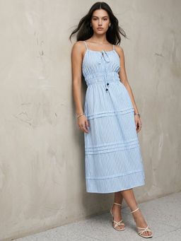 Outzidr - Blue Spaghetti Strap Striped Dress