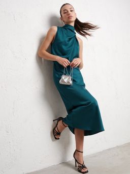 Outzidr - Teal High Neck Flared Dress