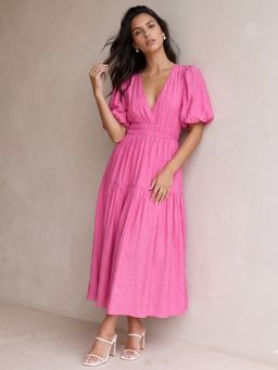 Outzidr - Pink Puff Sleeve Tiered Dress